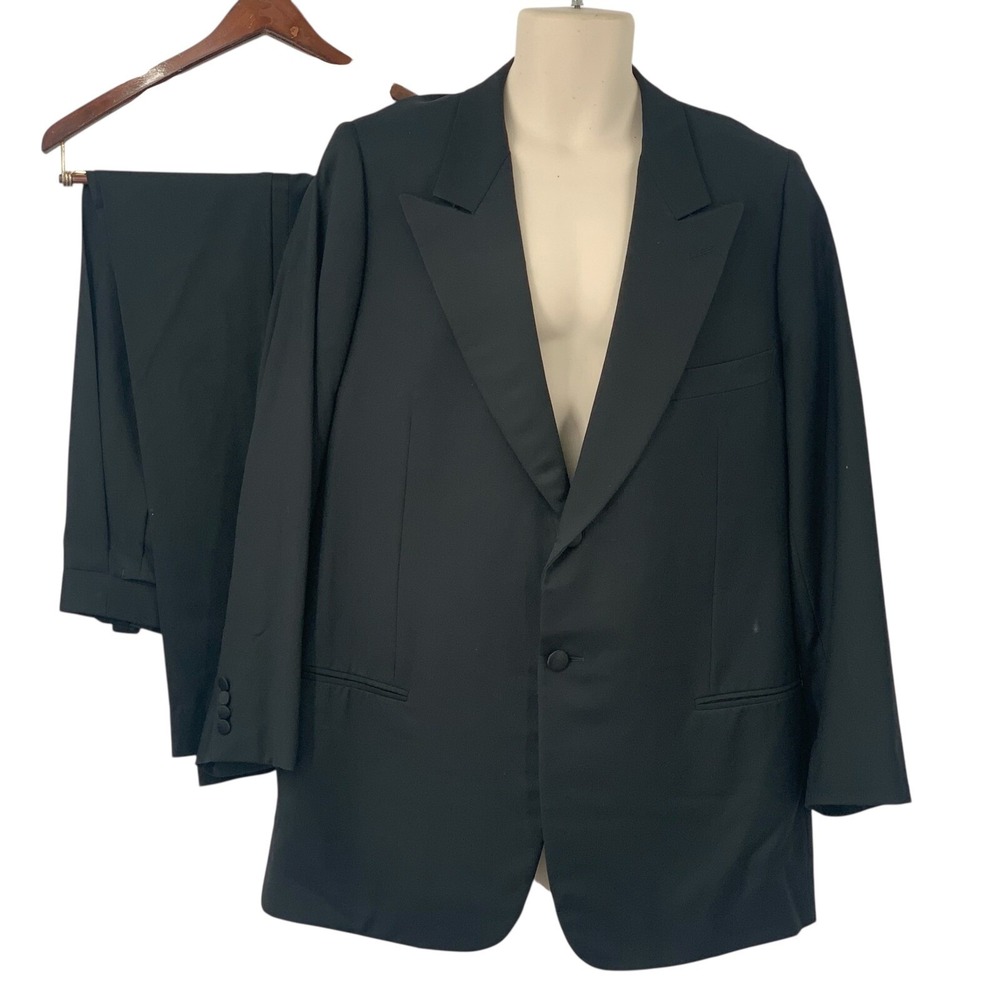 Ermenegildo Zegna Tuxedo Suit Men 45R Black Wool Satin Lapel Double Button 41x28